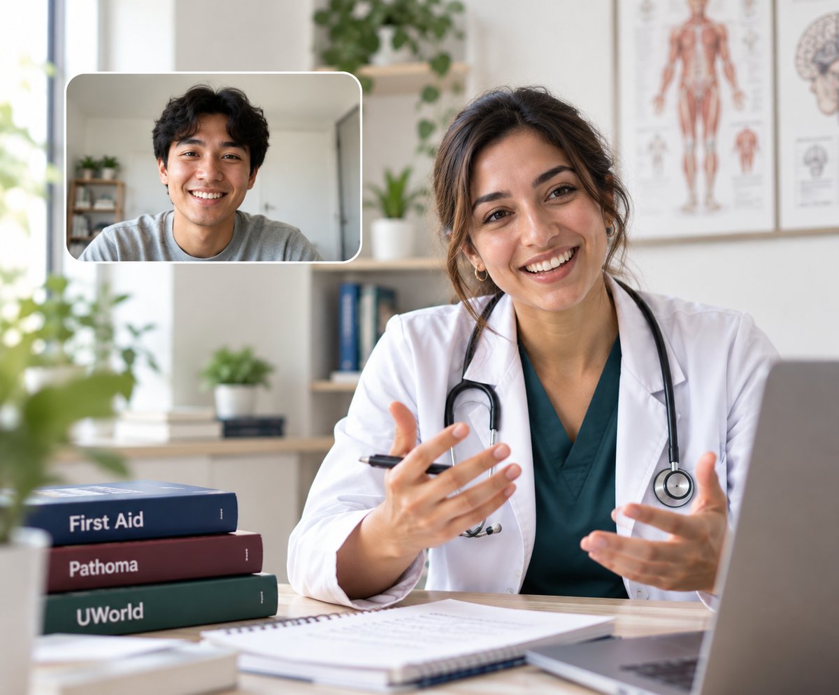 A one-on-one USMLE tutoring session on video, with First Aid, Pathoma and UWorld on the desk
